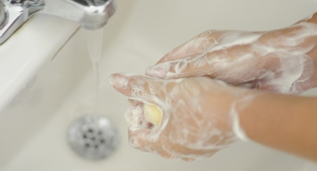 A close-up of hands washed in a sink with bar soap